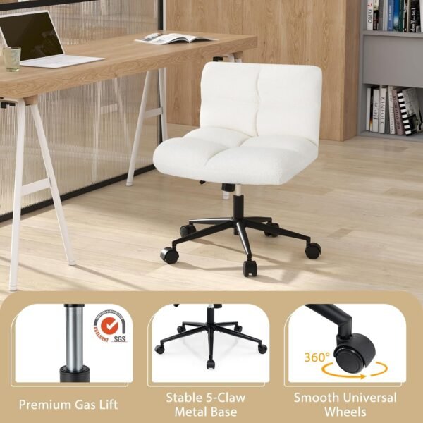 COSTWAY Faux Fur/Linen Fabric/PU Leather Upholstered Office Chair, Height Adjustable Swivel Computer Desk Chair with Wide Seat, 150-160kg Cross Legged Accent Vanity Seat Armless Task Chairs for Home Office - Image 5