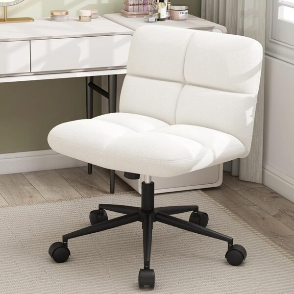 COSTWAY Faux Fur/Linen Fabric/PU Leather Upholstered Office Chair, Height Adjustable Swivel Computer Desk Chair with Wide Seat, 150-160kg Cross Legged Accent Vanity Seat Armless Task Chairs for Home Office - Image 2