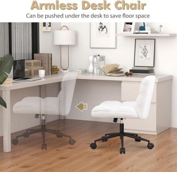 COSTWAY Faux Fur/Linen Fabric/PU Leather Upholstered Office Chair, Height Adjustable Swivel Computer Desk Chair with Wide Seat, 150-160kg Cross Legged Accent Vanity Seat Armless Task Chairs for Home Office - Image 3