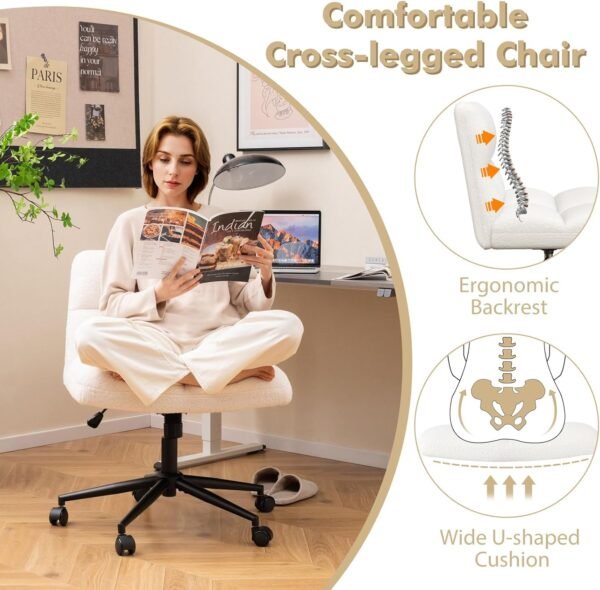 COSTWAY Faux Fur/Linen Fabric/PU Leather Upholstered Office Chair, Height Adjustable Swivel Computer Desk Chair with Wide Seat, 150-160kg Cross Legged Accent Vanity Seat Armless Task Chairs for Home Office - Image 4